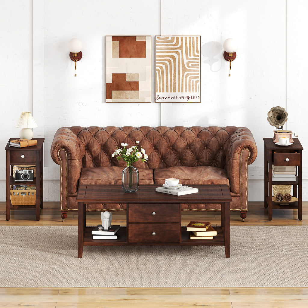3-Tier Narrow End Table with Drawer, Walnut