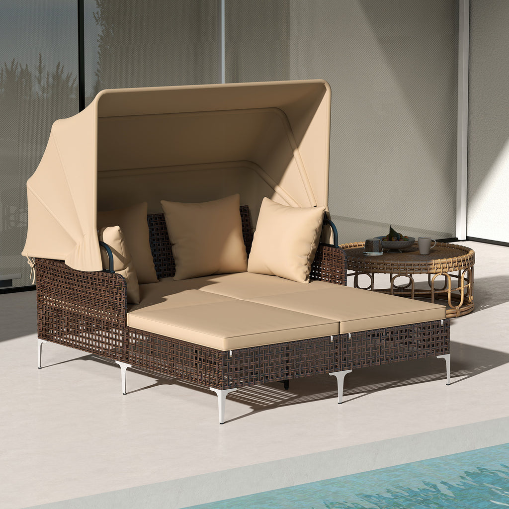 Outdoor Daybed with Retractable Canopy, PE Rattan - Brown