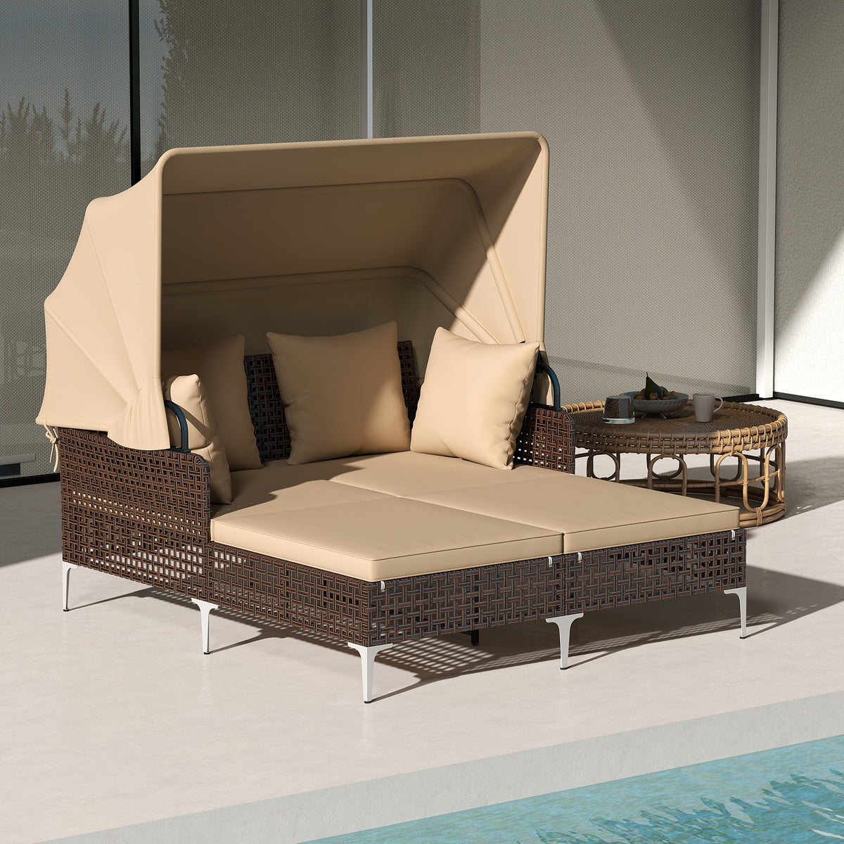 Outdoor Daybed with Retractable Canopy, PE Rattan - Brown