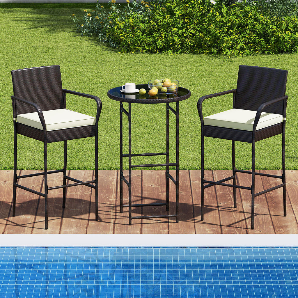 3 Piece Outdoor Bar Set with Cushions, White - Style 1