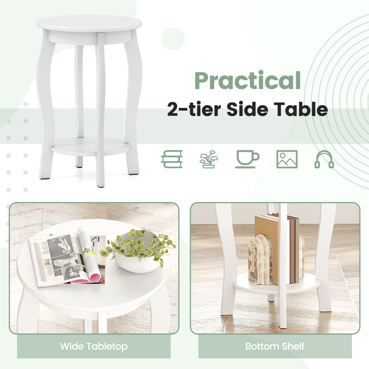 15 Inch Round End Table with Storage Shelf - White