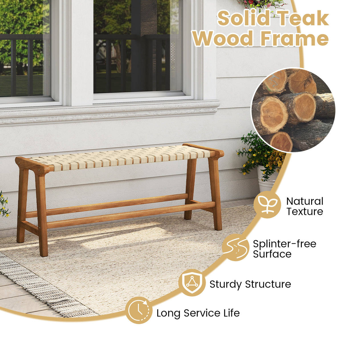 47 Inches Long Teak Wood Patio Bench with Weave Seat and Solid Legs
