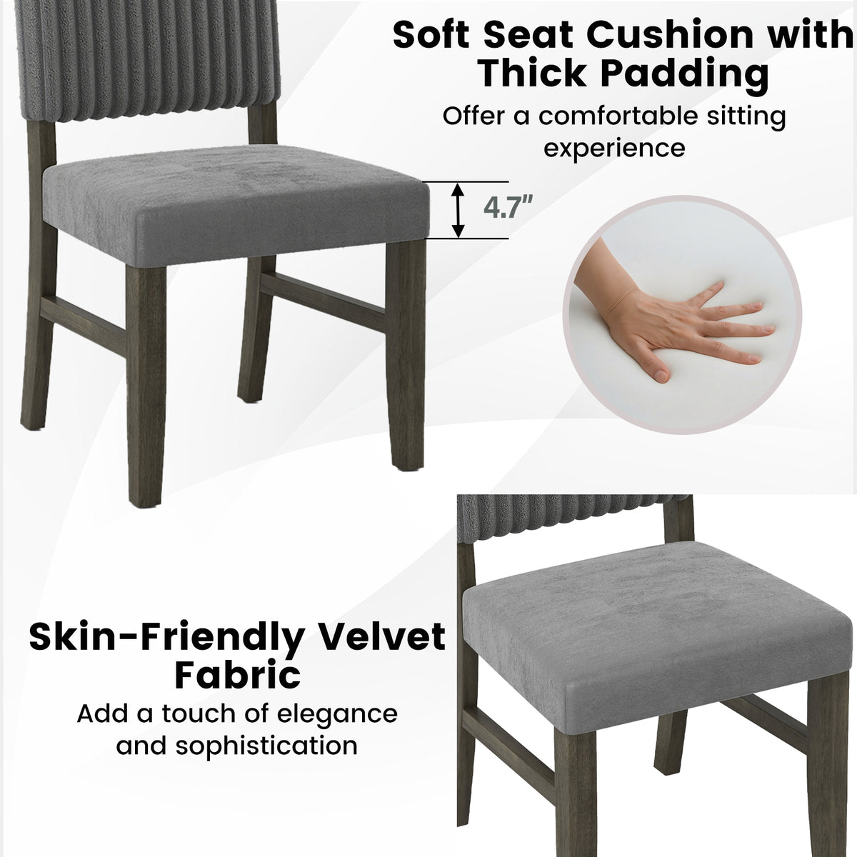 Dining Chair Set of 2 Mid-Century Modern Velvet Upholstered - Gray
