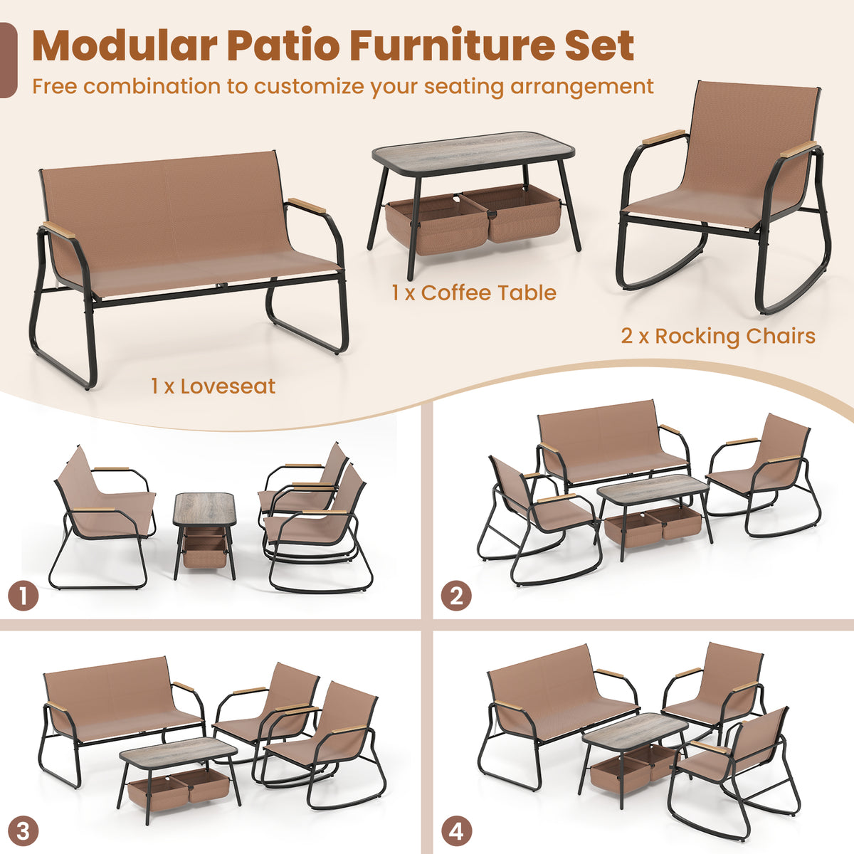 4-Piece Patio Rocking Chair Set with Coffee Table - Coffee