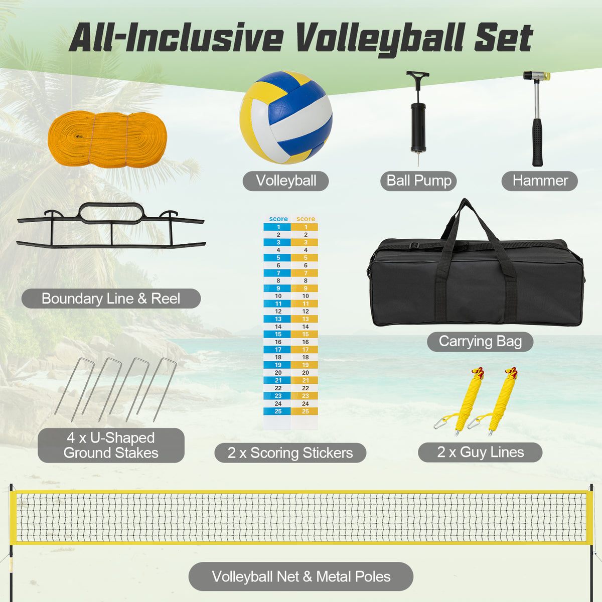Outdoor Volleyball Net Set - Heavy Duty Adjustable Volleyball System with Carrying Bag - Yellow Variation