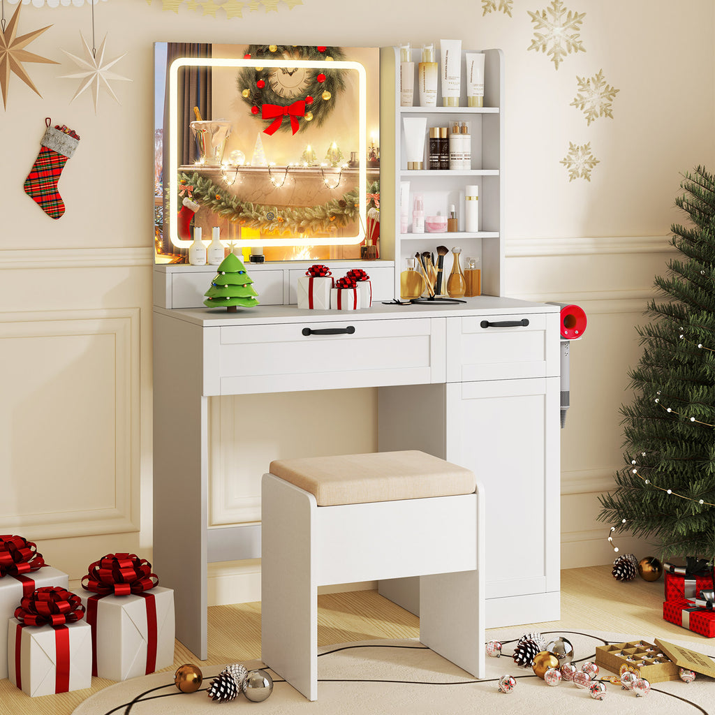 Makeup Vanity Set with Mirror and 3-Color LED Lights - White