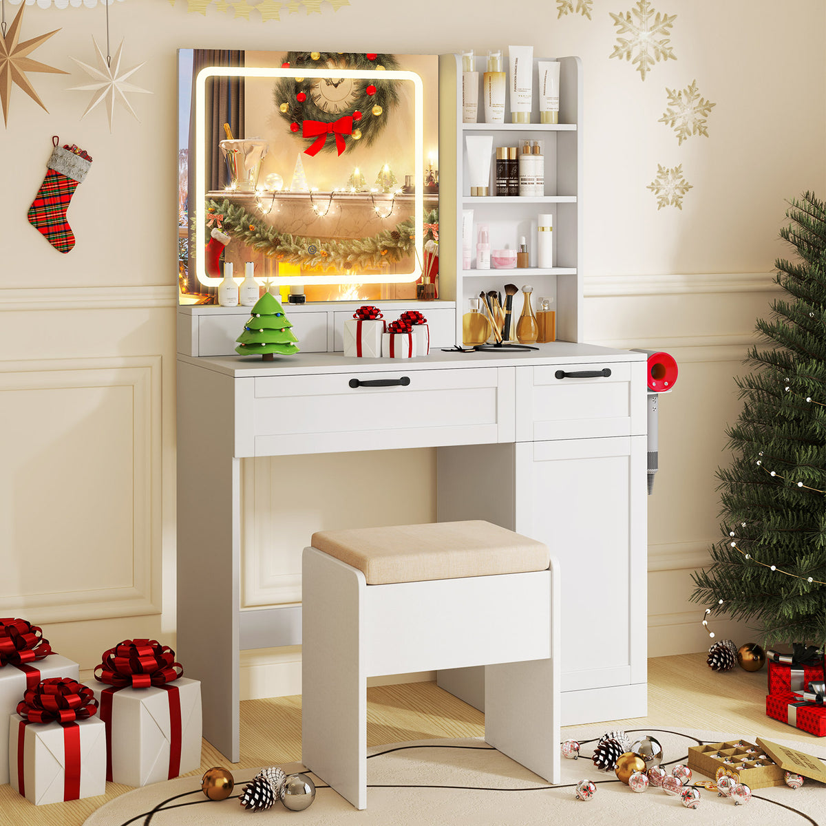 Makeup Vanity Set with Mirror and 3-Color LED Lights - White