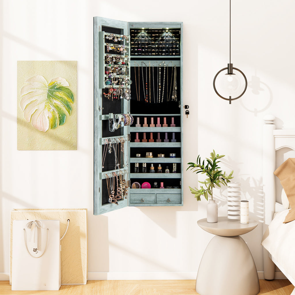 Wall-Mounted Mirrored Jewelry Armoire with LED Lights - Navy