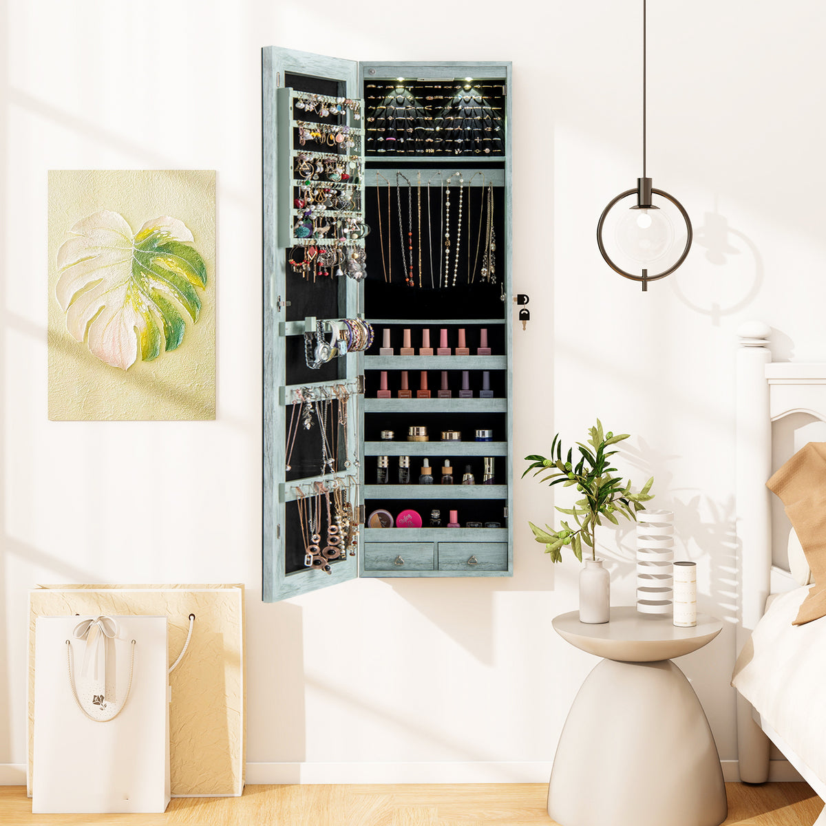 Wall-Mounted Mirrored Jewelry Armoire with LED Lights - Navy