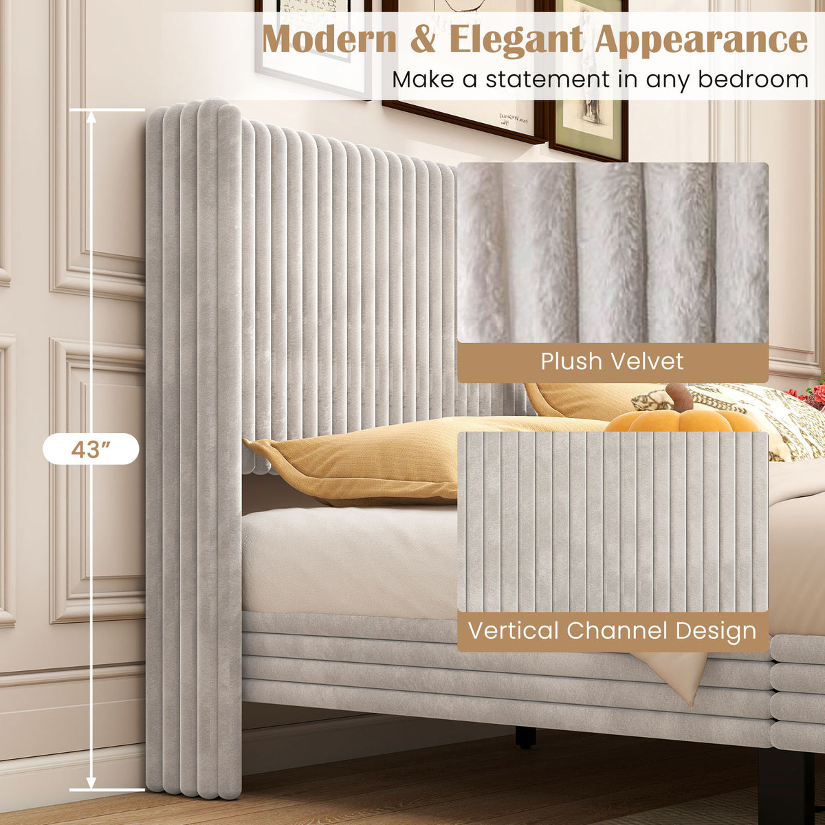 Queen Size Velvet Bed Frame with Wingback Headboard - White