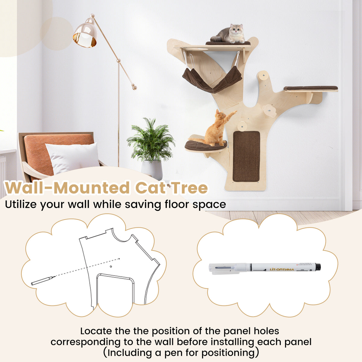Wall-Mounted Cat Shelf with Perch - Brown Cat Wall Furniture