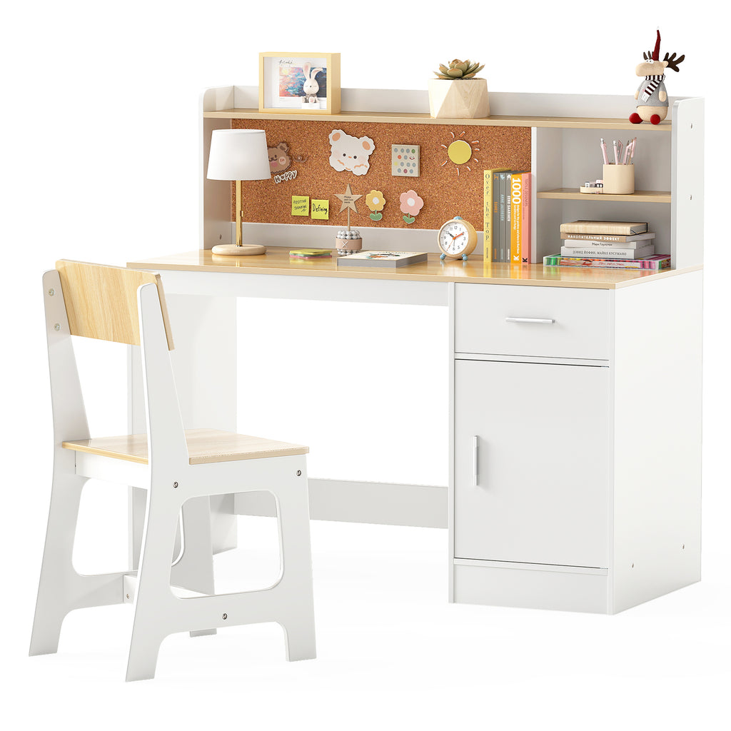 Activity Kids Table and Chair Set - Natural Kids Study Desk & Chair with Shelves & Bulletin Board
