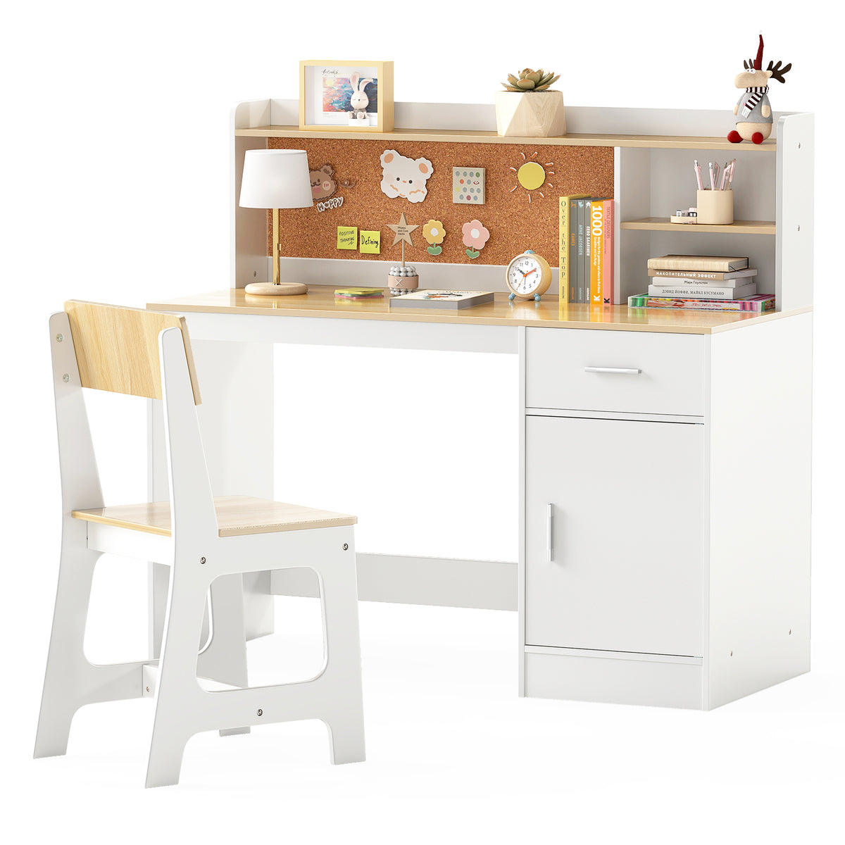 Activity Kids Table and Chair Set - Natural Kids Study Desk & Chair with Shelves & Bulletin Board