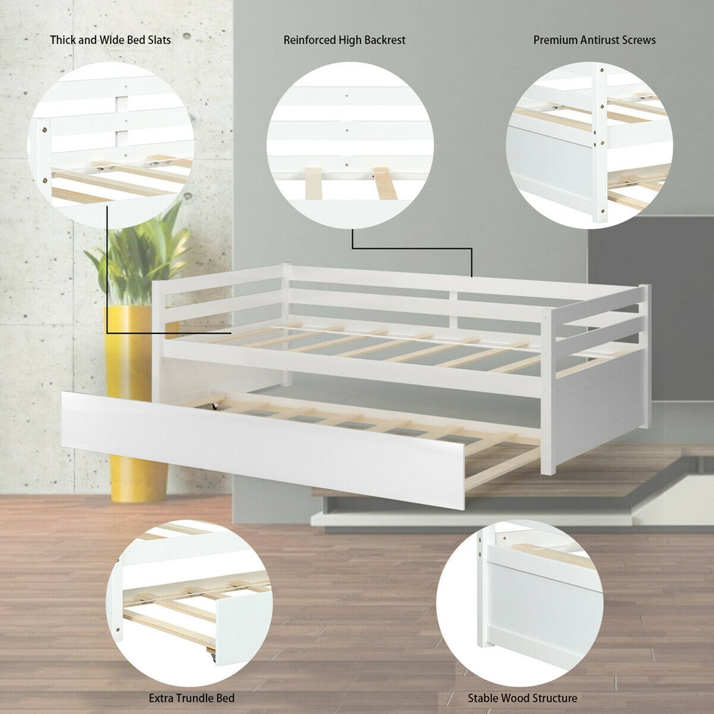 Twin Size Trundle Bed Frame with Wood Slat Support - White