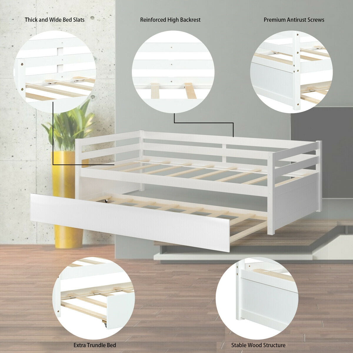 Twin Size Trundle Bed Frame with Wood Slat Support - White
