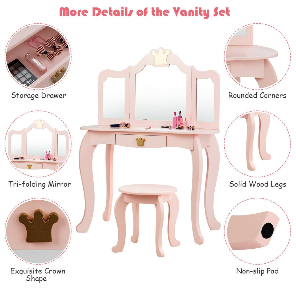 Kids Makeup Dressing Table with Tri-Fold Mirror & Stool - Pink - Costway