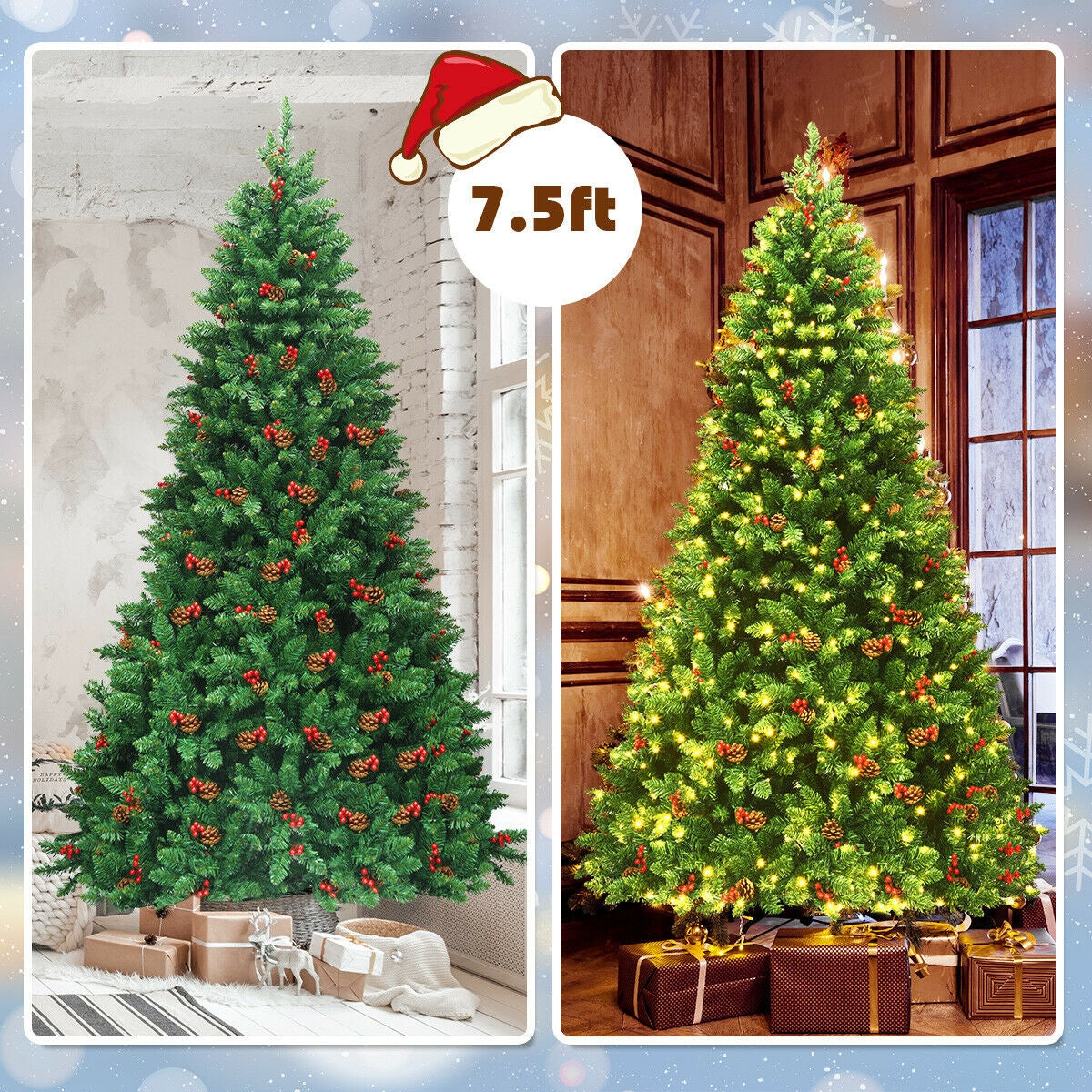 7.5Ft Pre-lit Hinged Christmas Tree with 550 LED Lights & Metal Stand