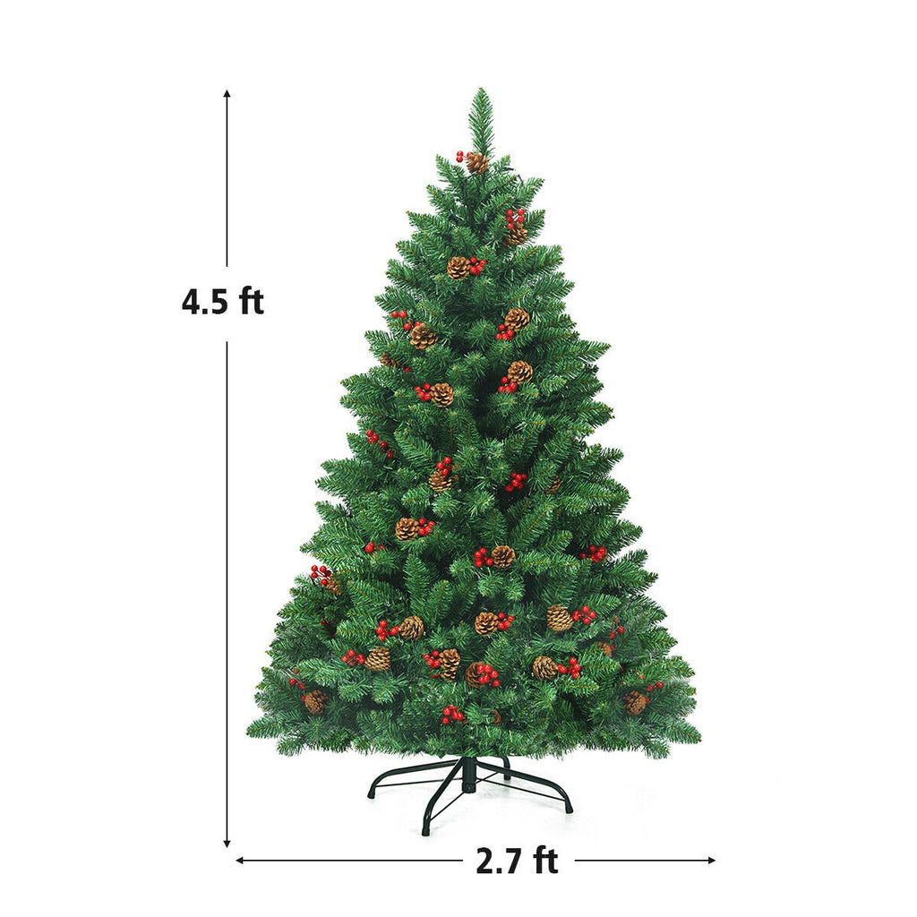 4.5 Feet Pre-Lit Hinged Christmas Tree with 300 LED Lights and Pine Cone Decor