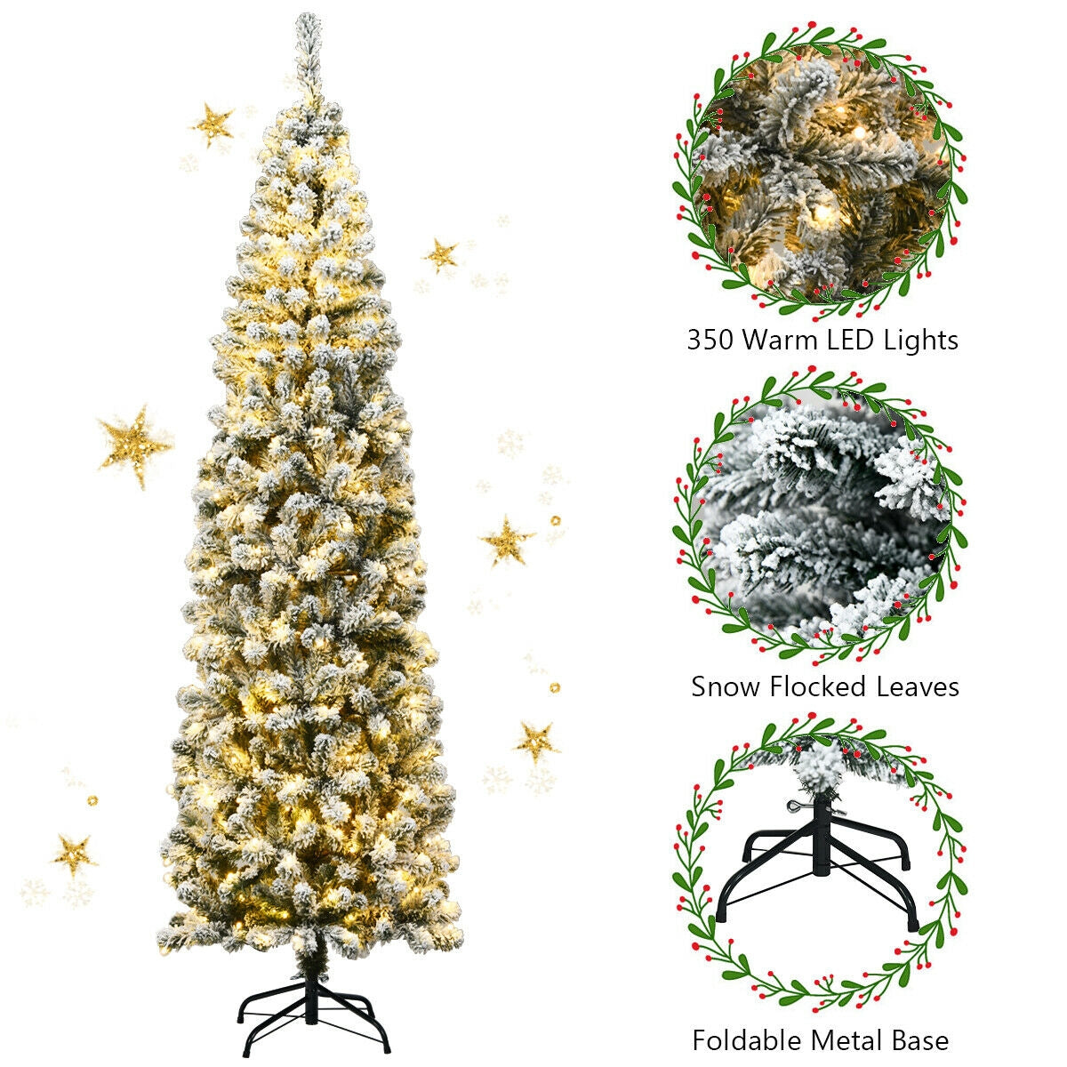 Pre-lit Snow Flocked Artificial Christmas Tree - 7.5 Feet with LED Lights