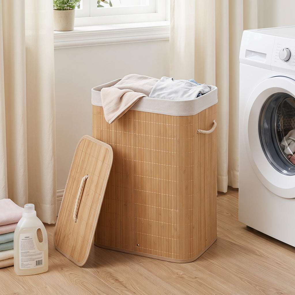 19 Gal Bamboo Clothes Hamper with Removable Liner and Portable Handles