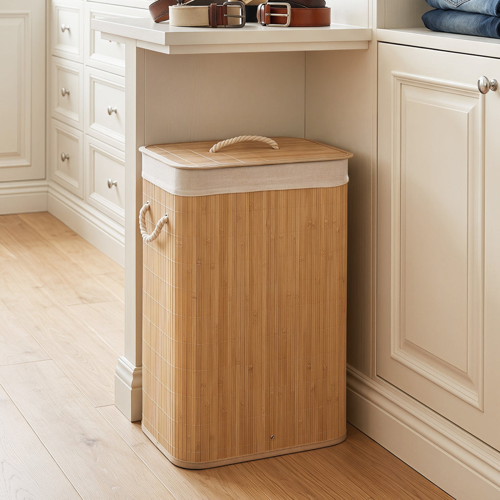 19 Gal Bamboo Clothes Hamper with Removable Liner and Portable Handles