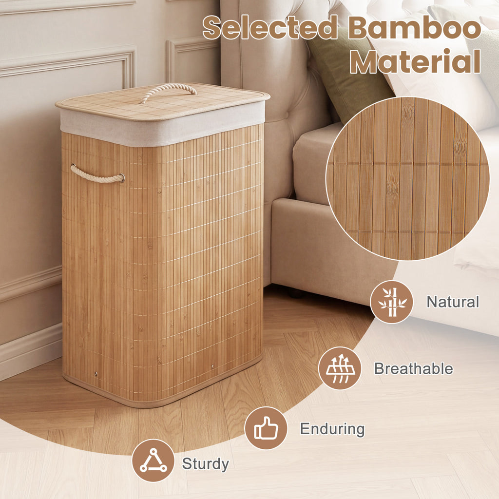 19 Gal Bamboo Clothes Hamper with Removable Liner and Portable Handles