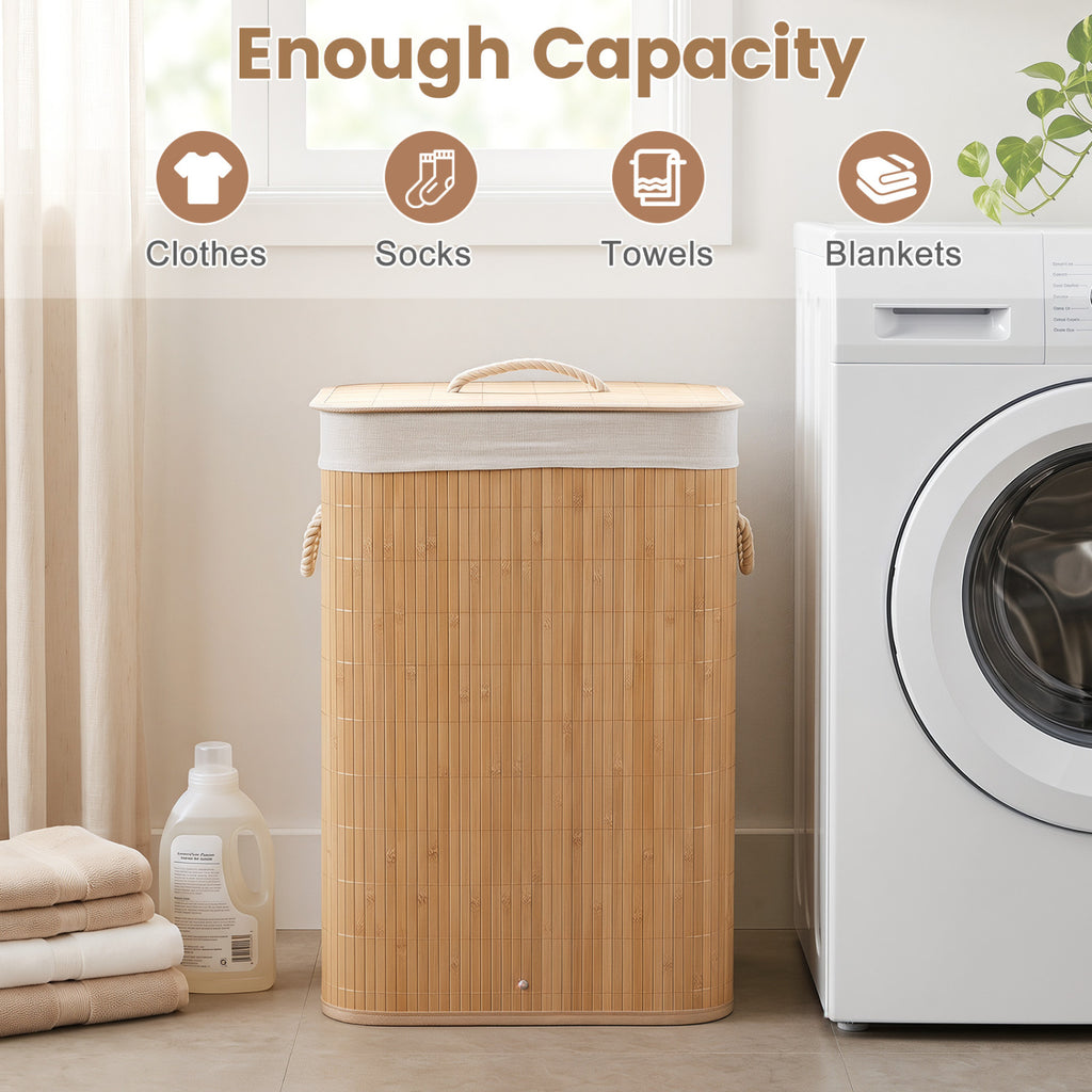 19 Gal Bamboo Clothes Hamper with Removable Liner and Portable Handles