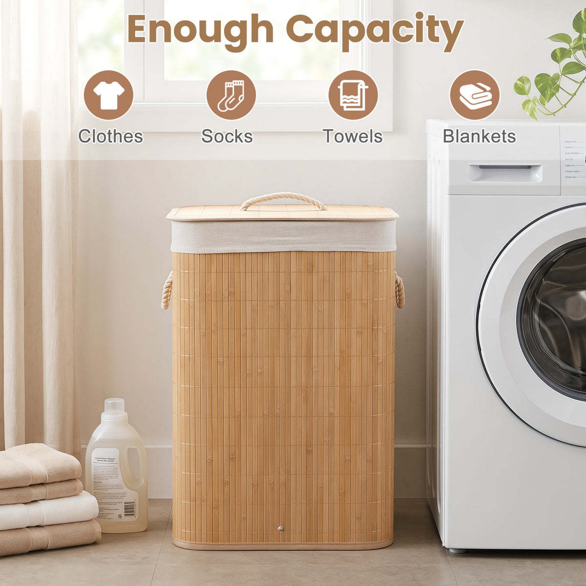 19 Gal Bamboo Clothes Hamper with Removable Liner and Portable Handles