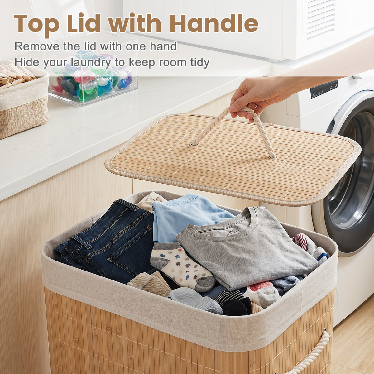 19 Gal Bamboo Clothes Hamper with Removable Liner and Portable Handles