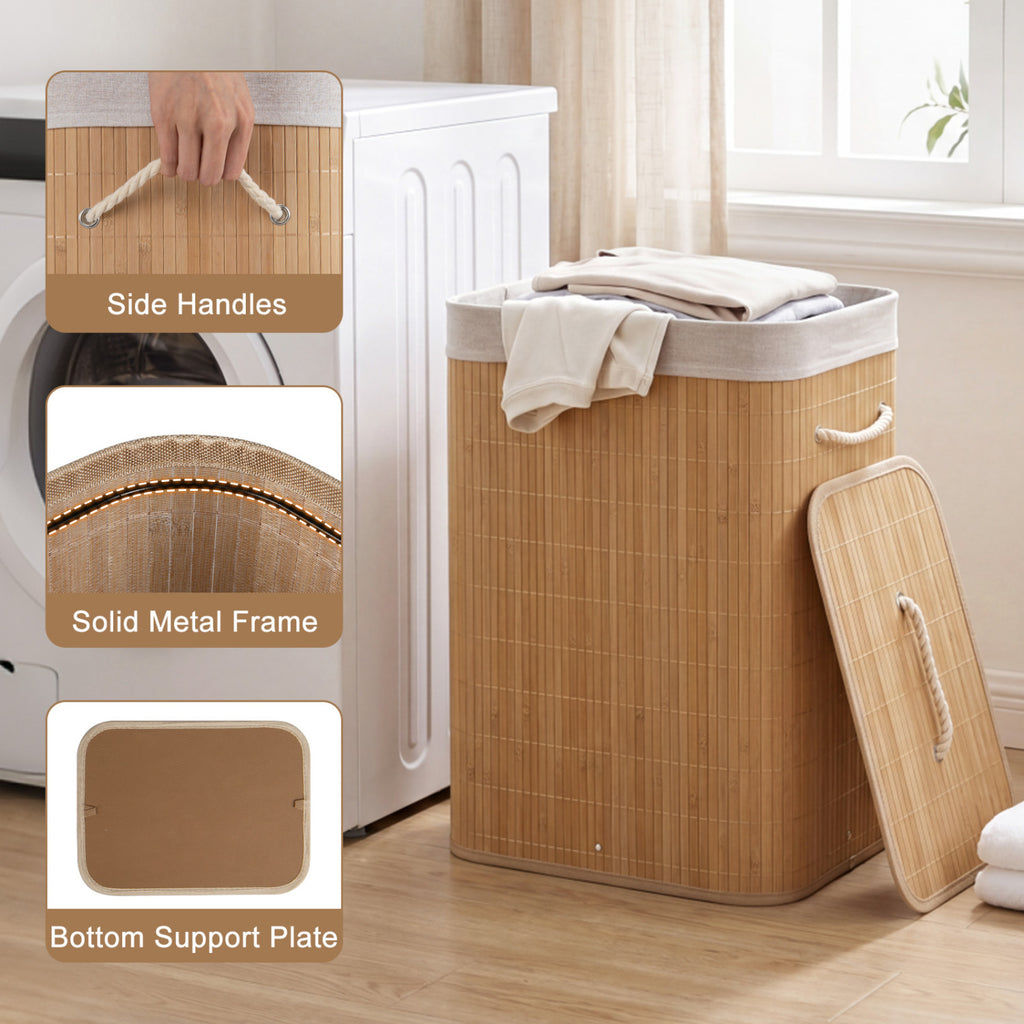 19 Gal Bamboo Clothes Hamper with Removable Liner and Portable Handles