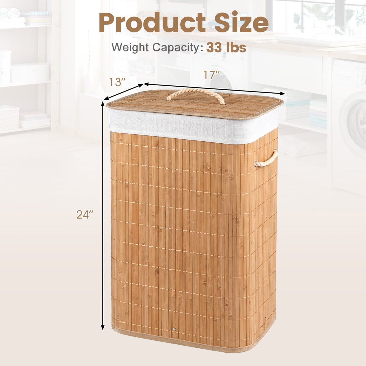 19 Gal Bamboo Clothes Hamper with Removable Liner and Portable Handles