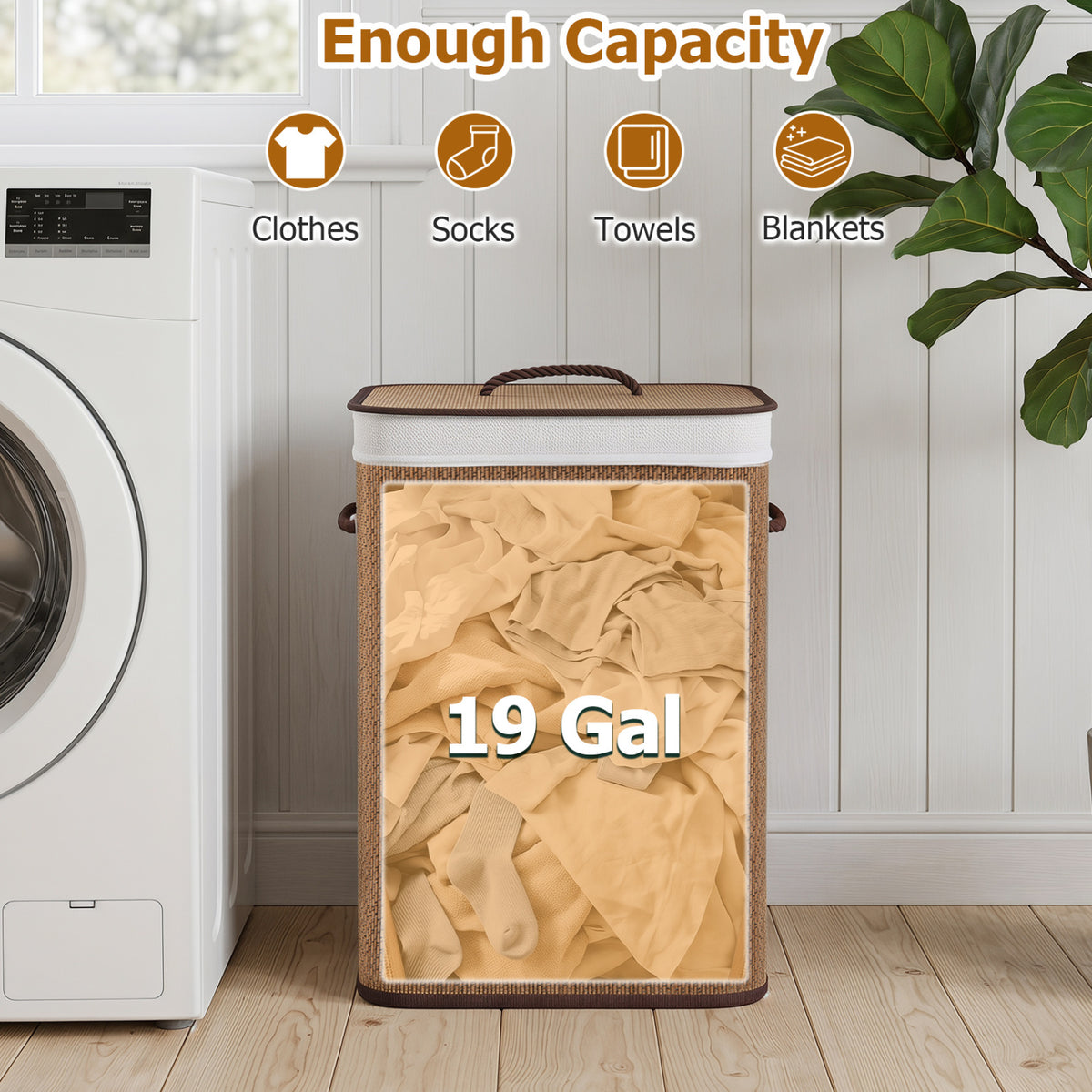 19 Gal Capacity Bamboo Clothes Hamper with Removable Liner and