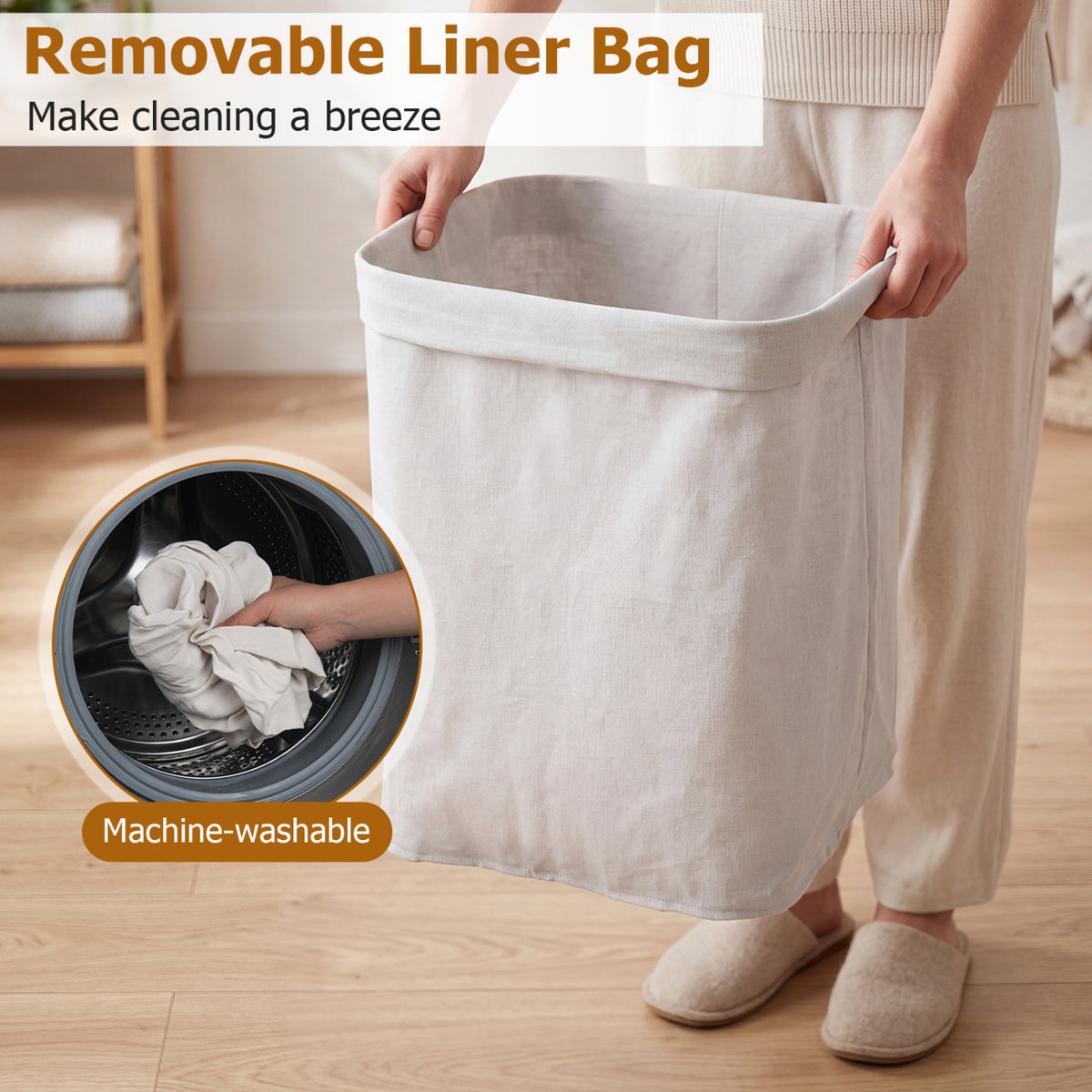 19 Gal Capacity Bamboo Clothes Hamper with Removable Liner and