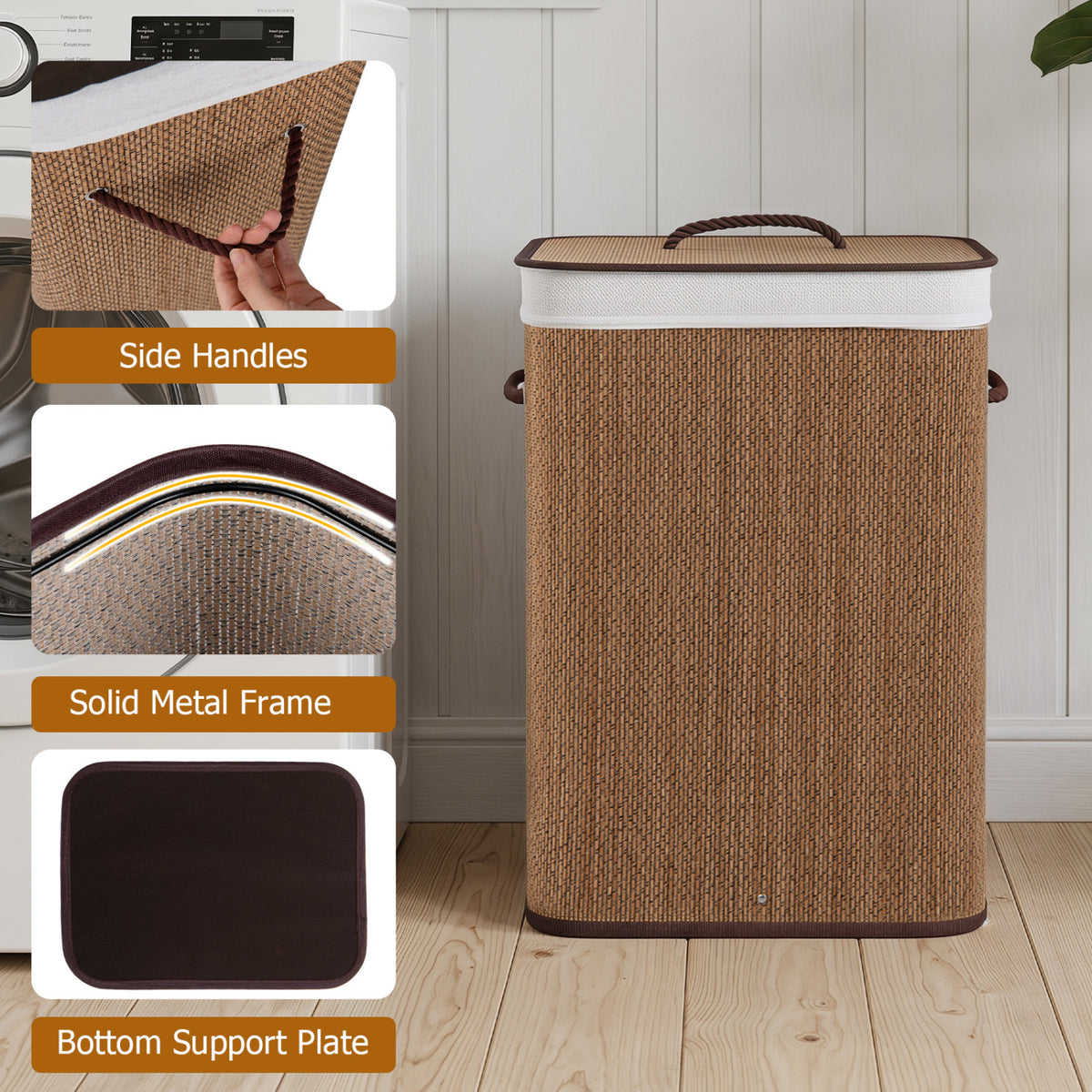 19 Gal Capacity Bamboo Clothes Hamper with Removable Liner and