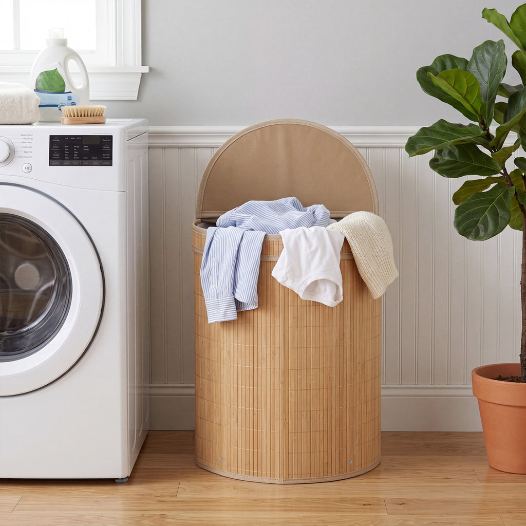 19 Gallon Bamboo Laundry Hamper with Zippered Lid - Semi-cylinder, Natural