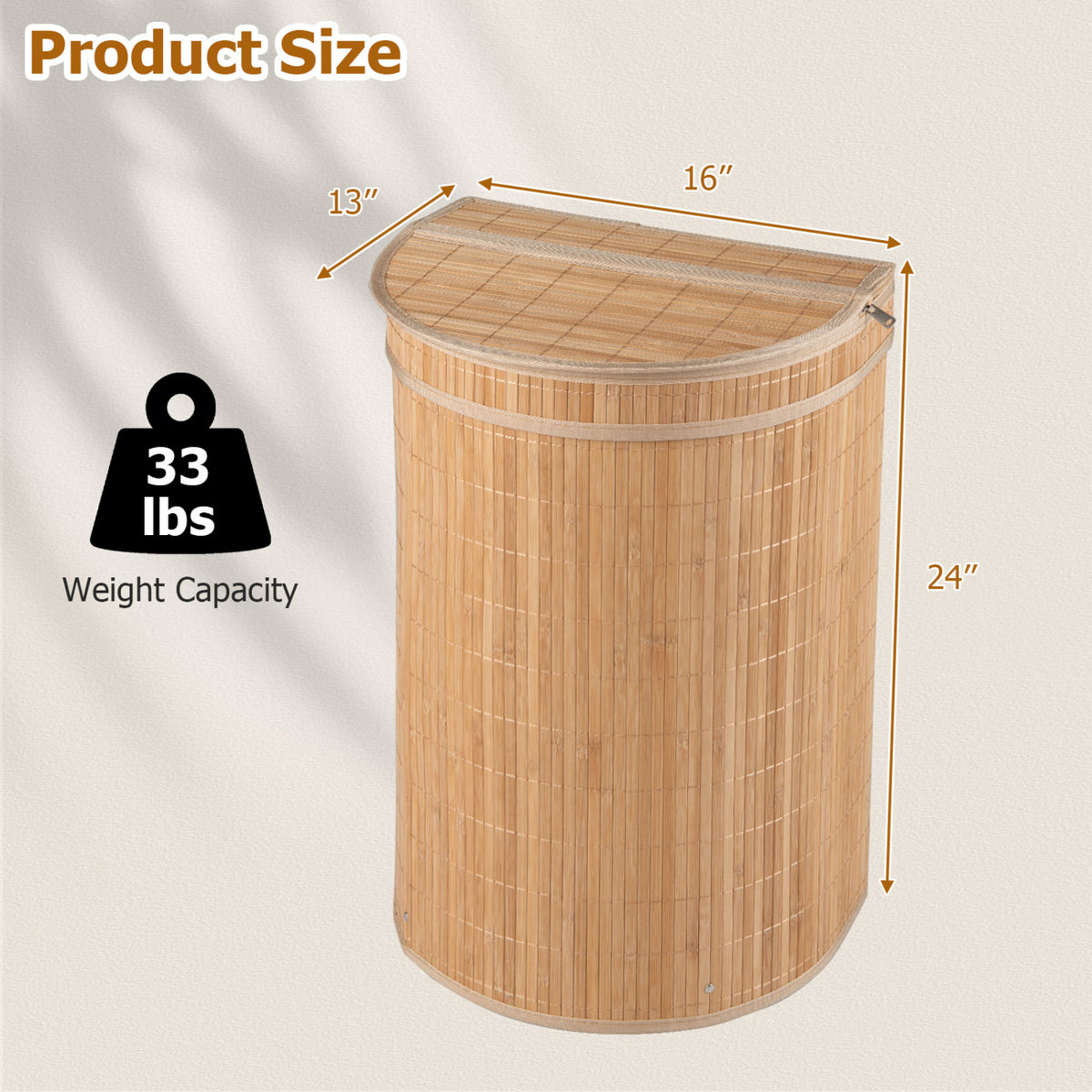19 Gallon Bamboo Laundry Hamper with Zippered Lid - Semi-cylinder, Natural