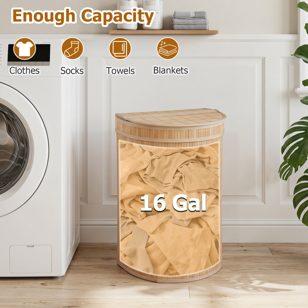19 Gal Capacity Bamboo Laundry Hamper with Zippered Lid