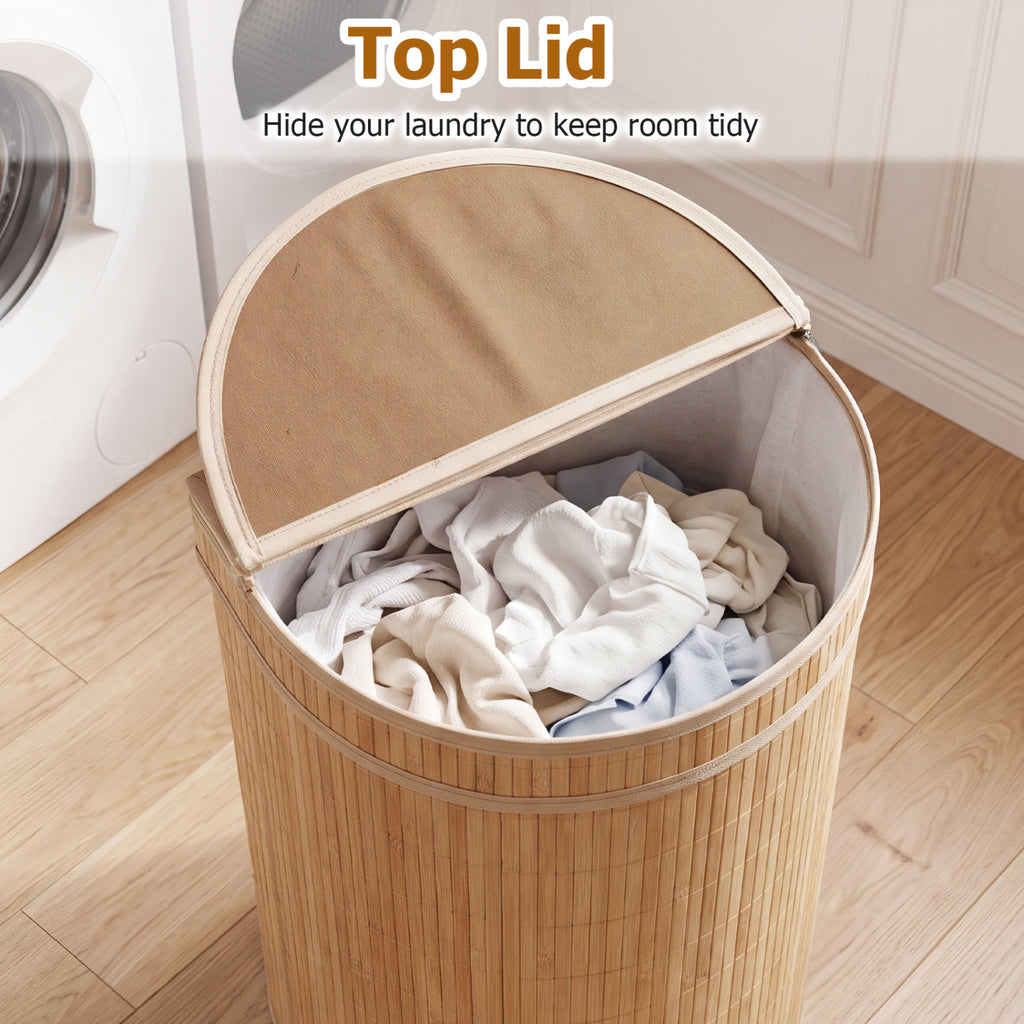 19 Gallon Bamboo Laundry Hamper with Zippered Lid - Semi-cylinder, Natural