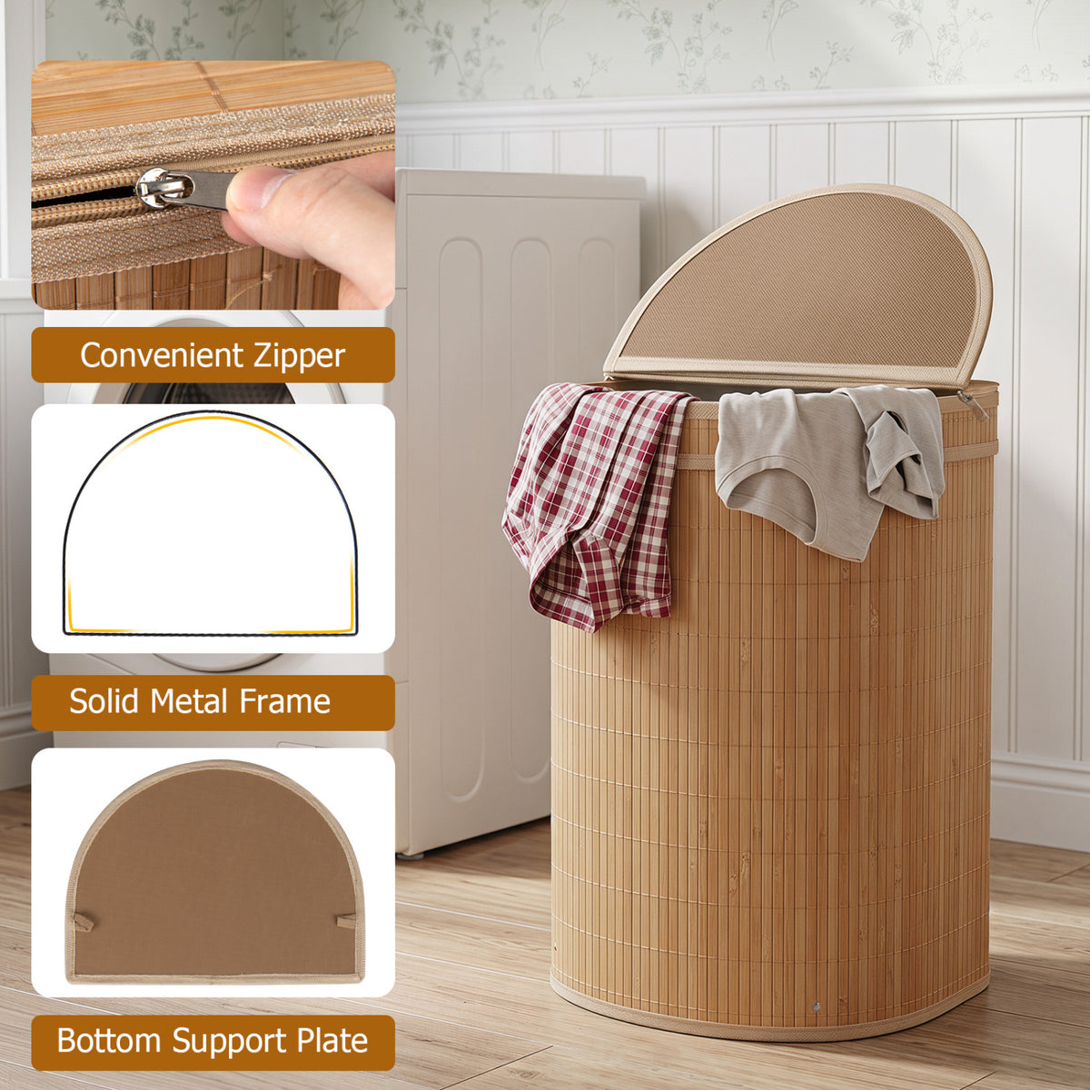 19 Gallon Bamboo Laundry Hamper with Zippered Lid - Semi-cylinder, Natural