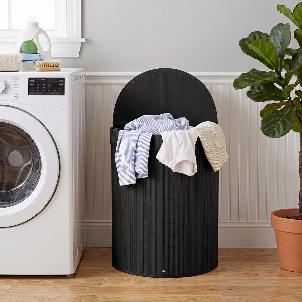 Bamboo Laundry Hamper, 19 Gallons - Semi-cylinder, Black