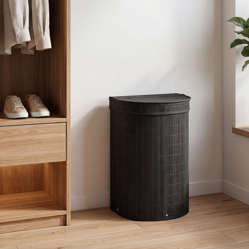 Bamboo Laundry Hamper, 19 Gallons - Semi-cylinder, Black