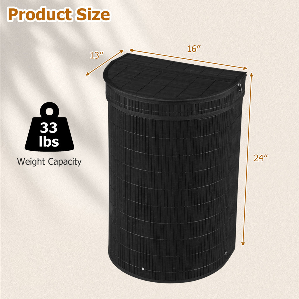 Bamboo Laundry Hamper, 19 Gallons - Semi-cylinder, Black