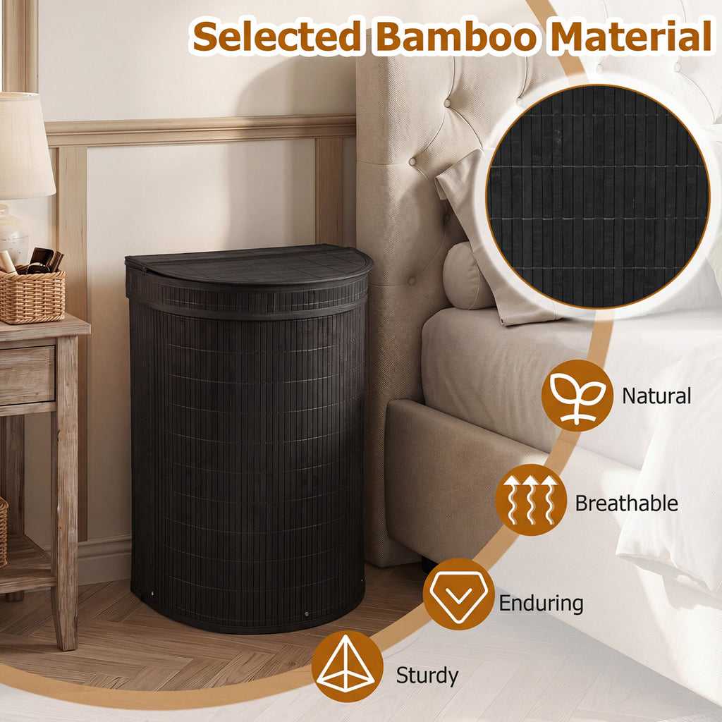 Bamboo Laundry Hamper, 19 Gallons - Semi-cylinder, Black