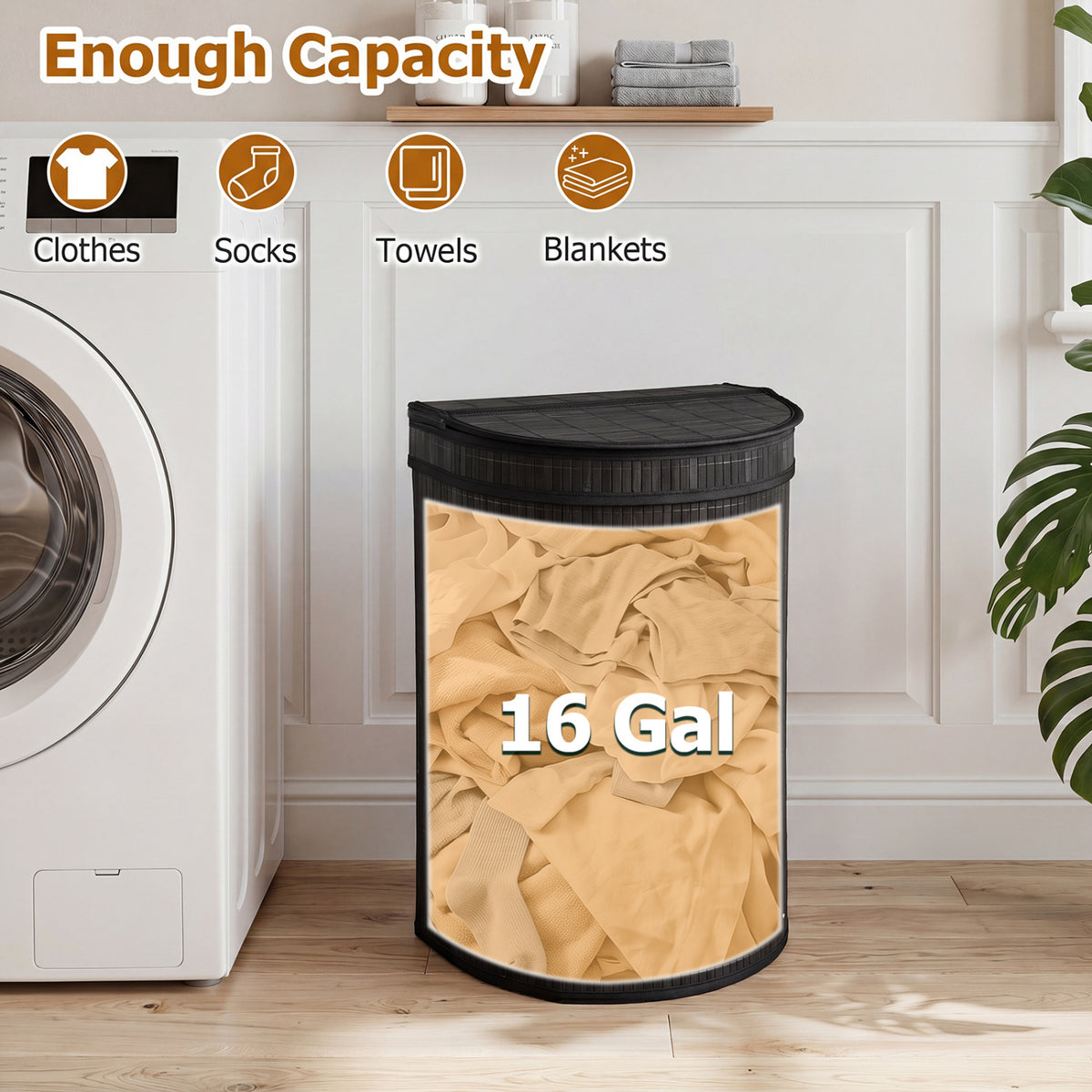 Bamboo Laundry Hamper, 19 Gallons - Semi-cylinder, Black