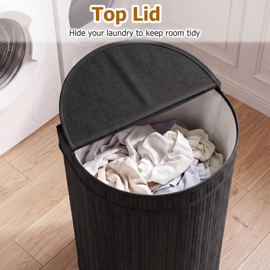 Bamboo Laundry Hamper, 19 Gallons - Semi-cylinder, Black