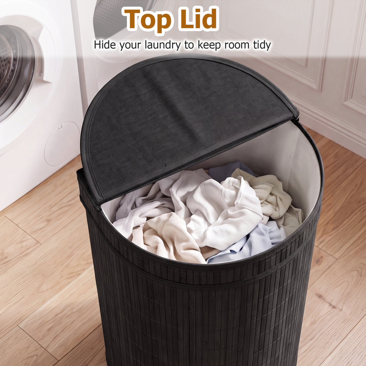 Bamboo Laundry Hamper, 19 Gallons - Semi-cylinder, Black