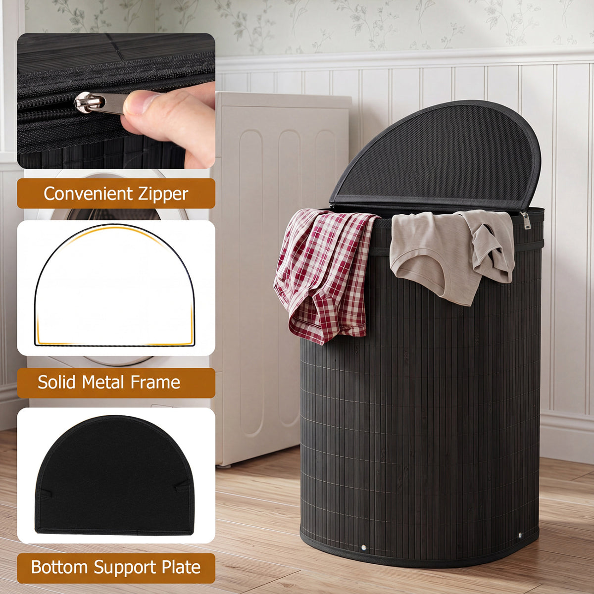 Bamboo Laundry Hamper, 19 Gallons - Semi-cylinder, Black