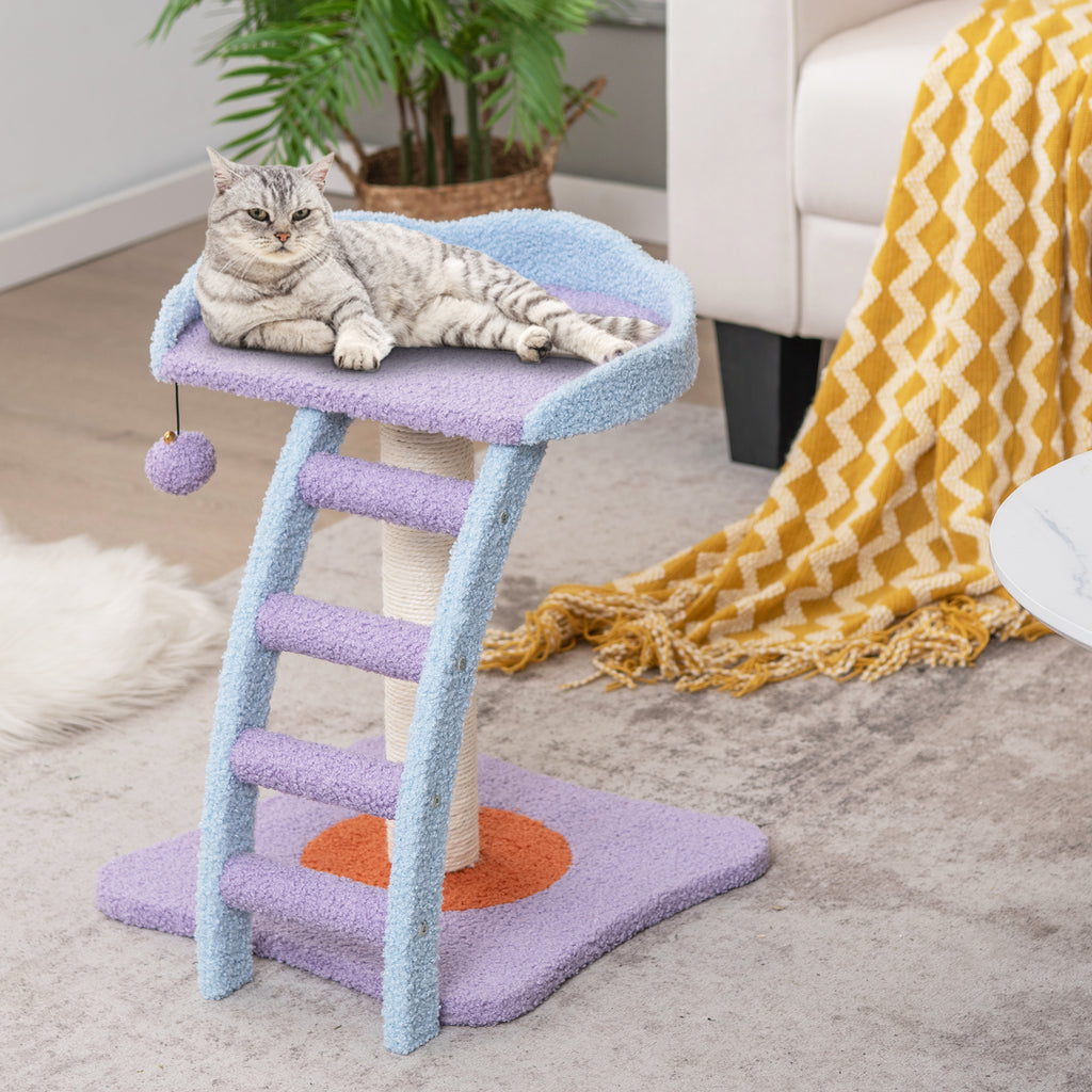 19 Inch Mohair Plush Cat Tree with Ladder & Jingling Ball - Purple
