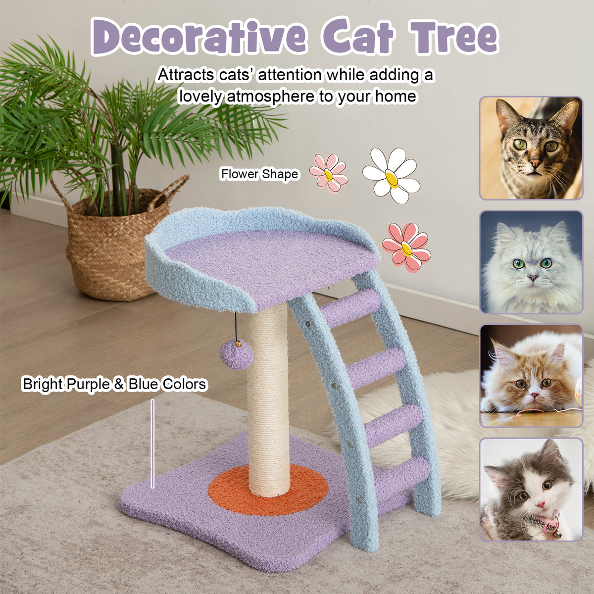 19 Inch Mohair Plush Cat Tree with Ladder & Jingling Ball - Purple