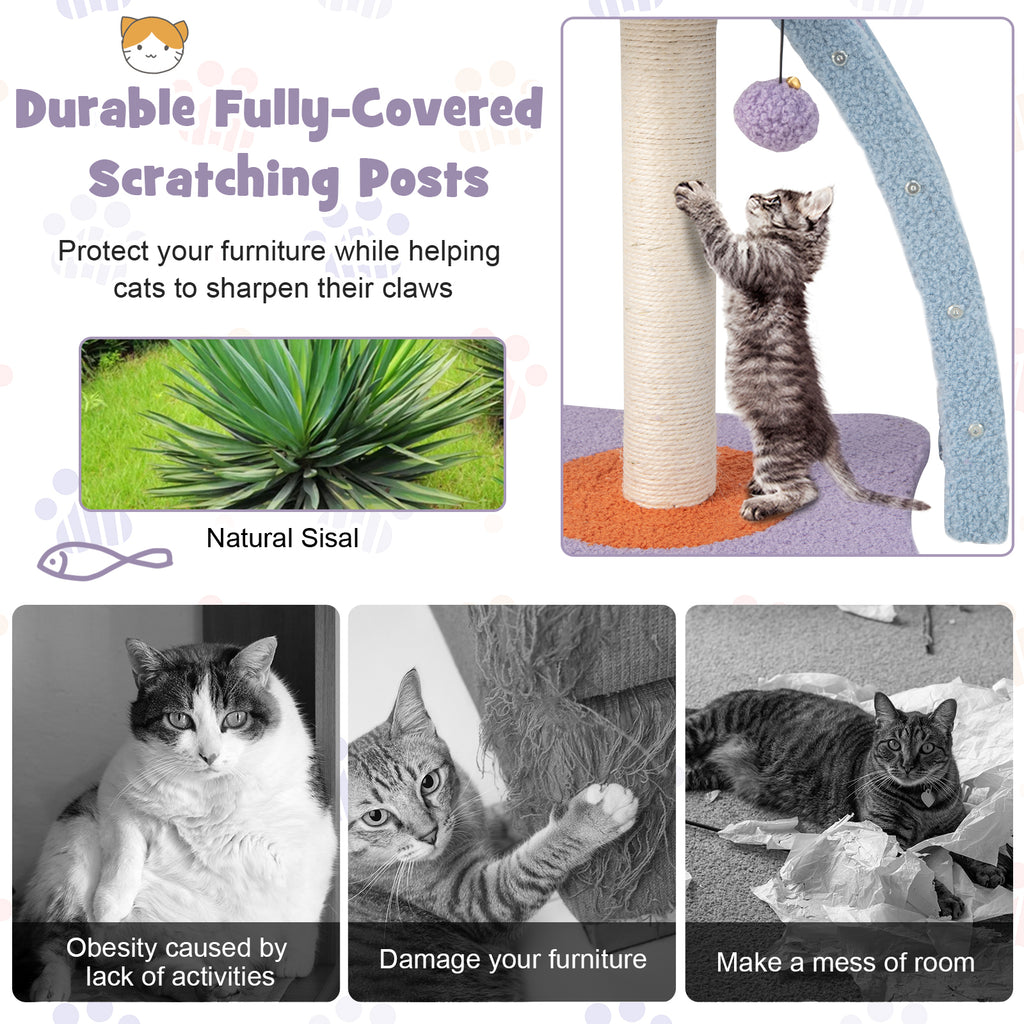 19 Inch Mohair Plush Cat Tree with Ladder & Jingling Ball - Purple
